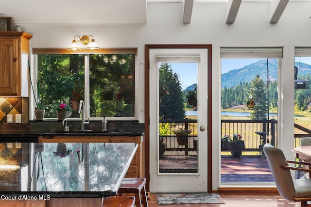 doorway featuring a mountain view and sink