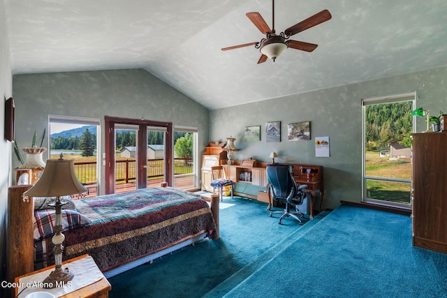 bedroom with vaulted ceiling, carpet flooring, access to exterior, and ceiling fan