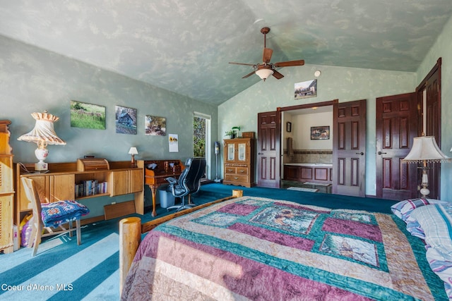 bedroom featuring lofted ceiling, carpet floors, and ceiling fan