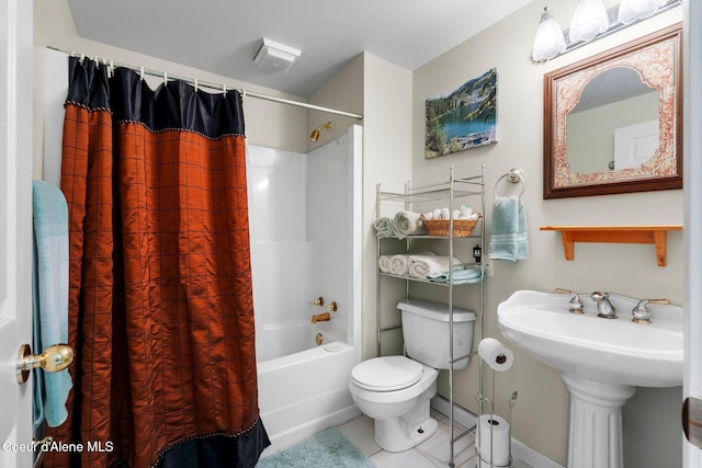 full bathroom featuring shower / tub combo, sink, tile patterned floors, and toilet