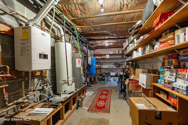 basement featuring gas water heater and water heater