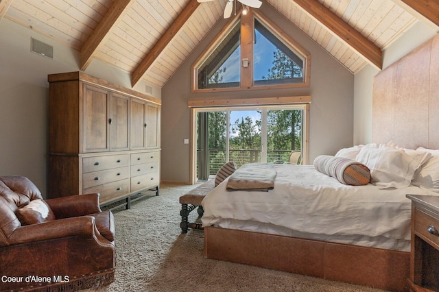 carpeted bedroom with wood ceiling, access to outside, high vaulted ceiling, and beamed ceiling