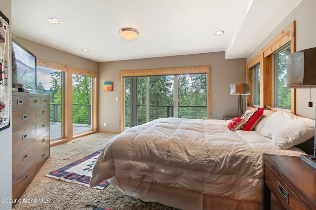 carpeted bedroom featuring multiple windows and access to exterior