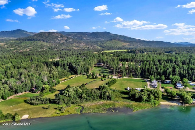 bird's eye view with a water and mountain view