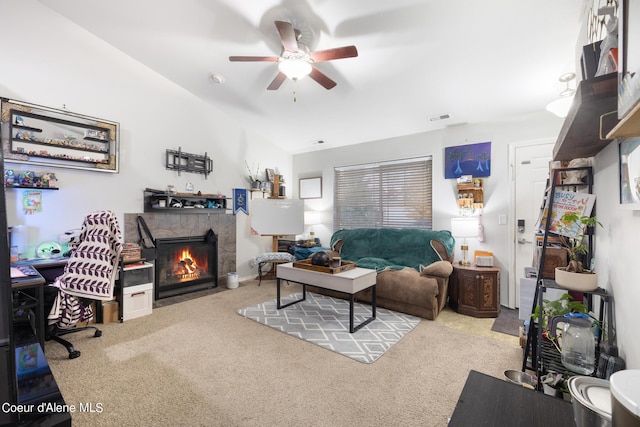 living room with ceiling fan, lofted ceiling, and light carpet