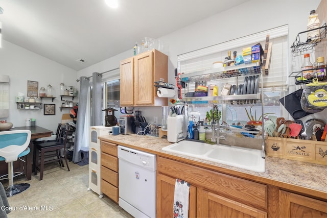 kitchen featuring lofted ceiling, sink, and dishwasher