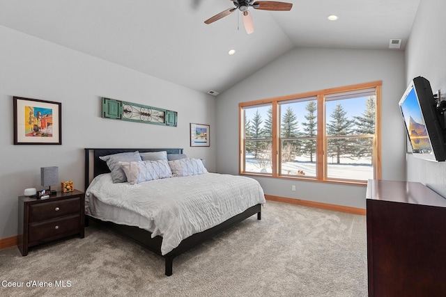 carpeted bedroom featuring lofted ceiling and ceiling fan