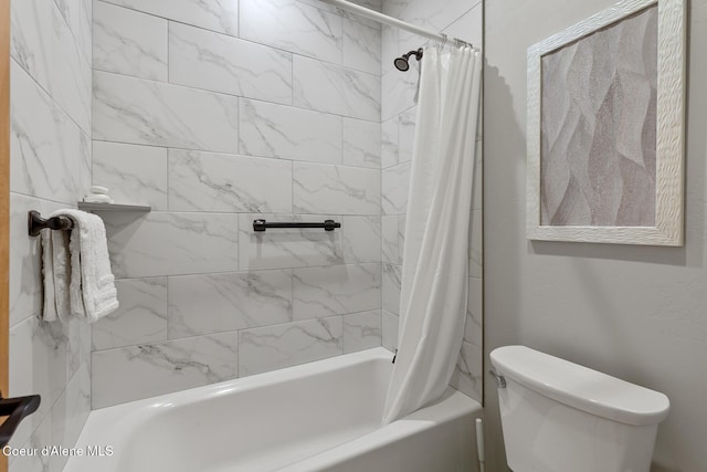 bathroom with shower / bathtub combination with curtain and toilet