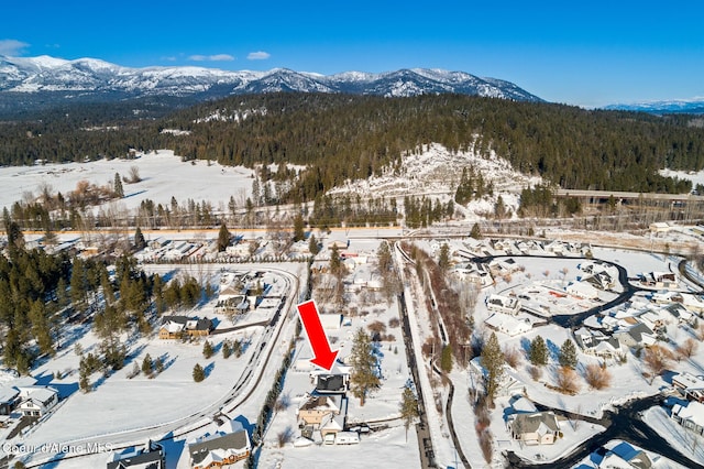 snowy aerial view featuring a mountain view