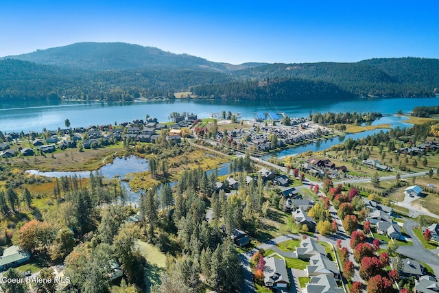 bird's eye view featuring a water and mountain view