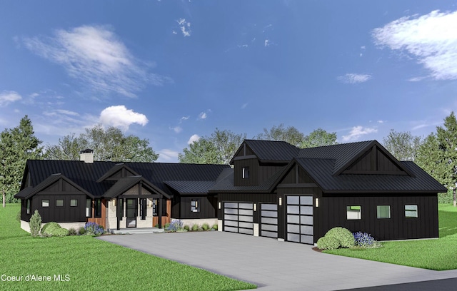 modern farmhouse with a garage and a front yard