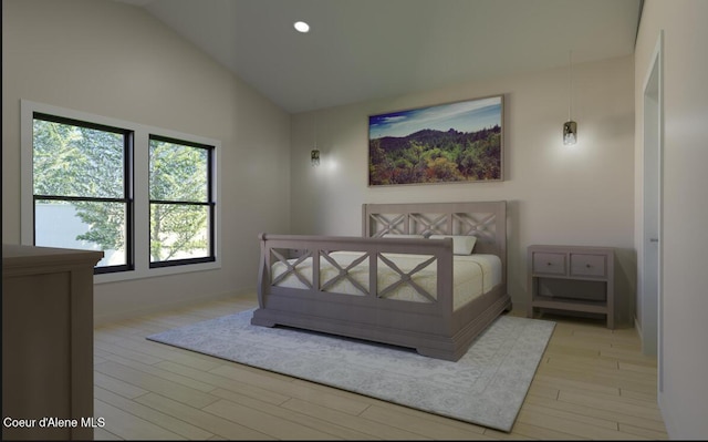 bedroom with recessed lighting, light wood-style flooring, and vaulted ceiling