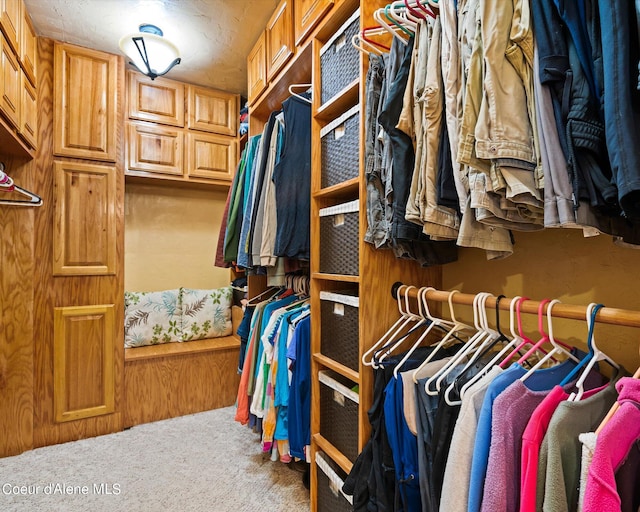 walk in closet with carpet floors