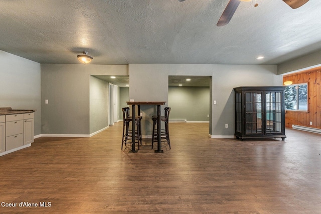 unfurnished dining area with ceiling fan, a baseboard radiator, dark hardwood / wood-style floors, and a textured ceiling