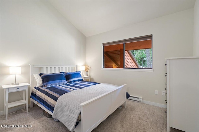 bedroom with lofted ceiling, a baseboard heating unit, and light colored carpet