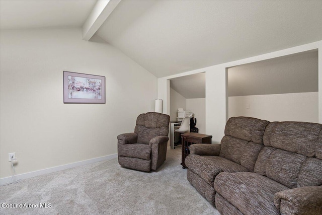 living area with lofted ceiling with beams and light carpet