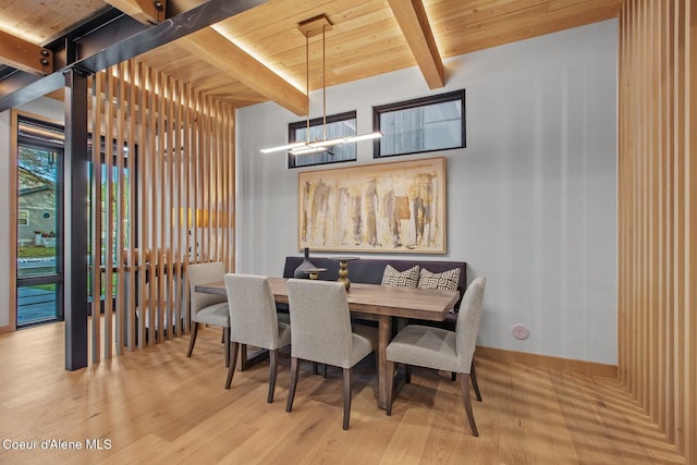 dining area with wood ceiling, beamed ceiling, and light wood-type flooring