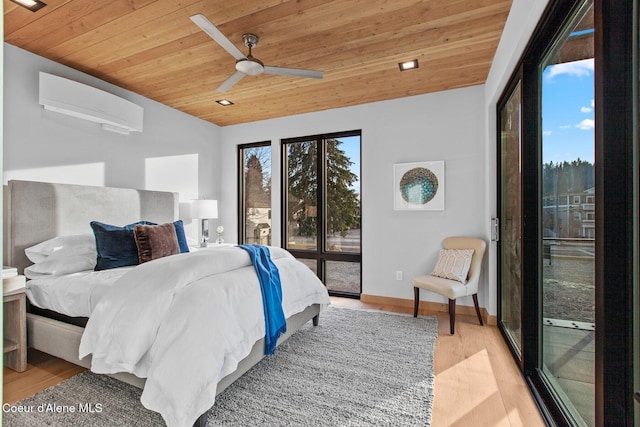 bedroom featuring vaulted ceiling, wooden ceiling, light hardwood / wood-style floors, and an AC wall unit