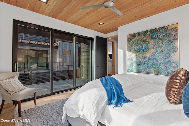 bedroom with ceiling fan, access to exterior, and wooden ceiling