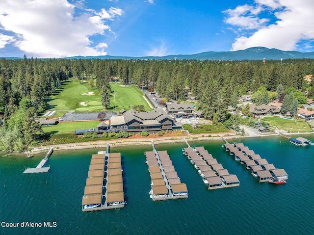 aerial view featuring a water and mountain view