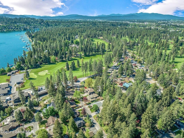 drone / aerial view with a water and mountain view