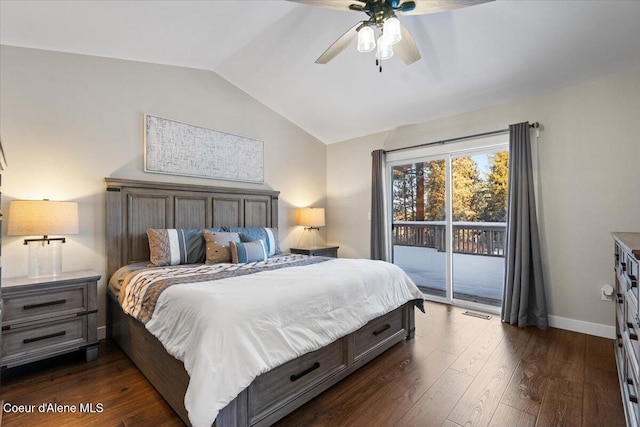 bedroom featuring vaulted ceiling, dark wood-type flooring, access to outside, and ceiling fan