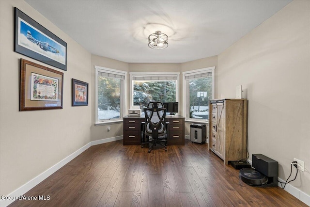 office area with a healthy amount of sunlight and dark hardwood / wood-style flooring