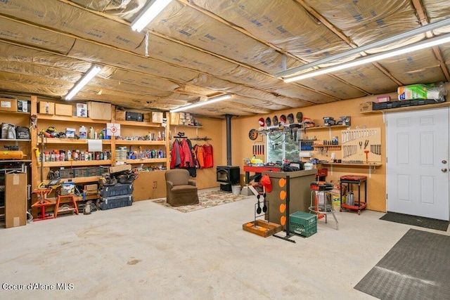 basement featuring a wood stove