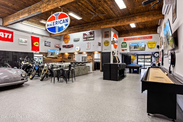 1715 Sherman Ave, Coeur Dalene, ID 83814 - recreation room with billiards, beam ceiling, wooden ceiling, and a towering ceiling