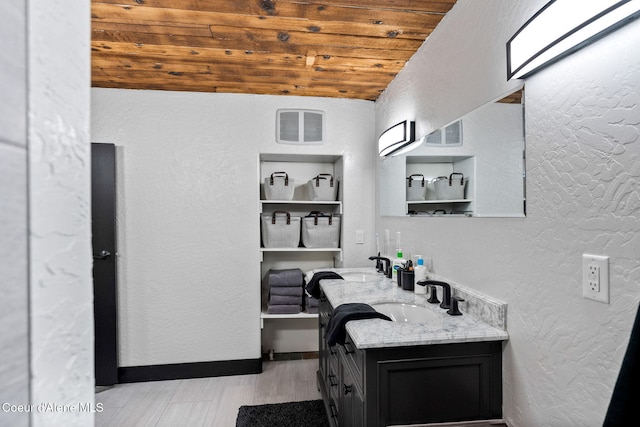 1715 Sherman Ave, Coeur Dalene, ID 83814 - bathroom with wood ceiling, vanity, vaulted ceiling, and hardwood / wood-style floors
