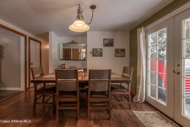 dining space featuring dark hardwood / wood-style flooring and french doors