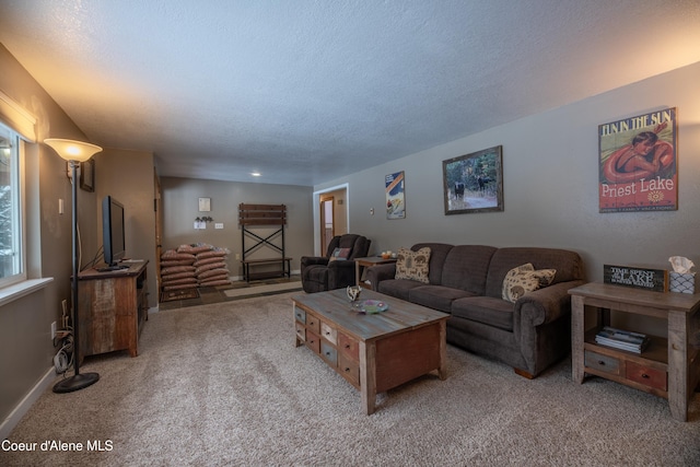 living room with light carpet and a textured ceiling