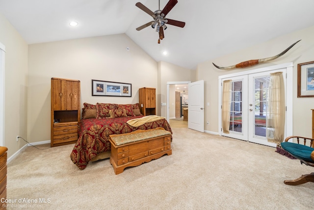 bedroom featuring baseboards, access to outside, french doors, and light colored carpet