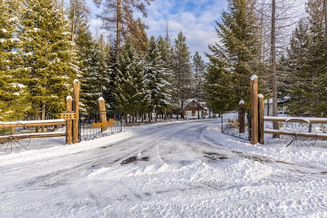 view of street featuring dirt driveway and a gated entry