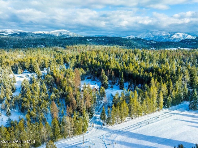 aerial view with a wooded view and a mountain view