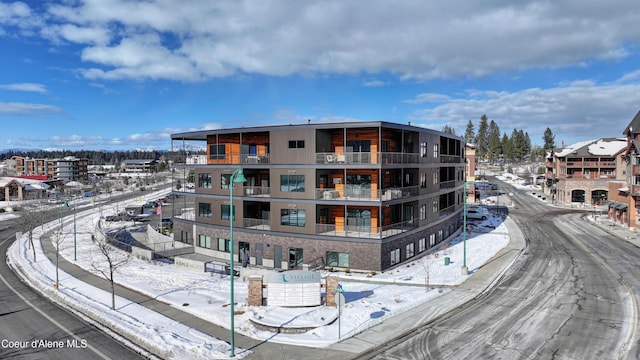 view of snow covered building