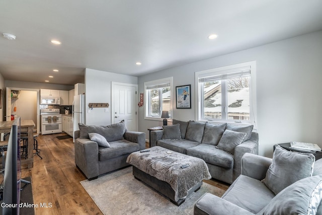 living area featuring dark wood-style flooring and recessed lighting