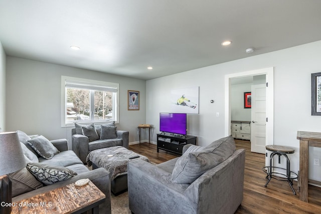 living room with baseboards, dark wood-style flooring, and recessed lighting