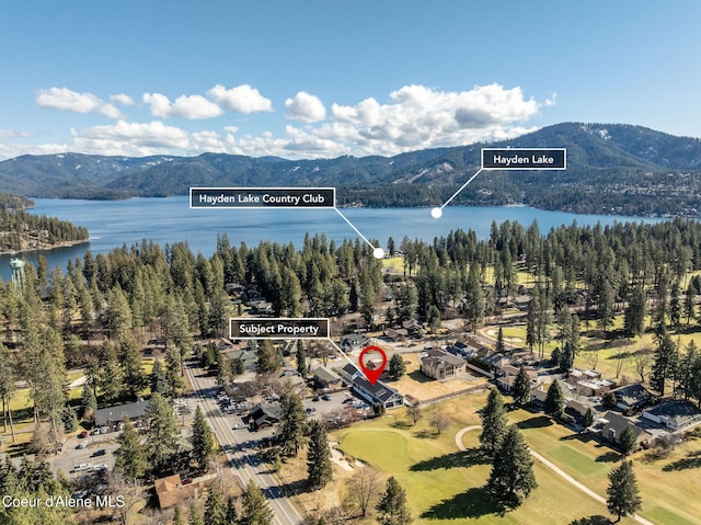 drone / aerial view featuring a water and mountain view