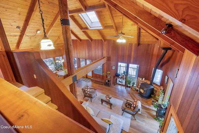 living room with a wood stove, wooden walls, plenty of natural light, and wood-type flooring