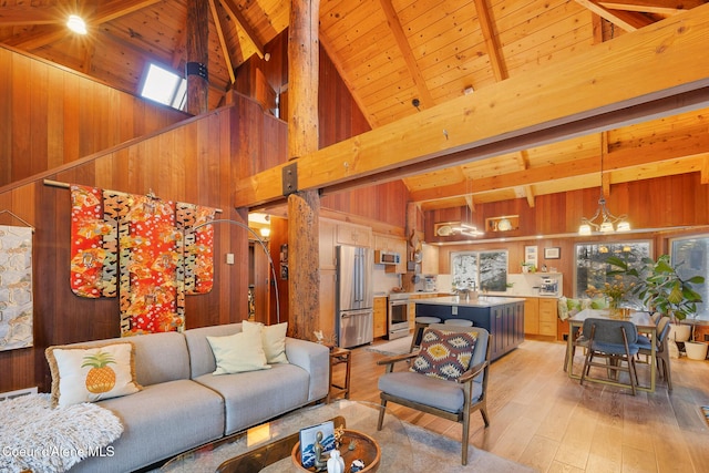 living room with beamed ceiling, light hardwood / wood-style flooring, wood walls, and wood ceiling