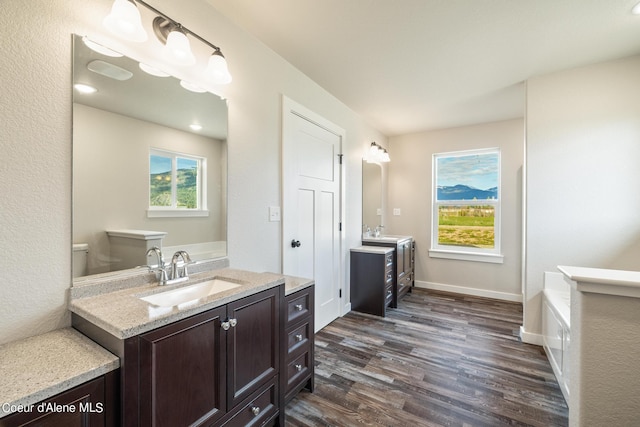 bathroom featuring toilet, wood finished floors, two vanities, a sink, and baseboards