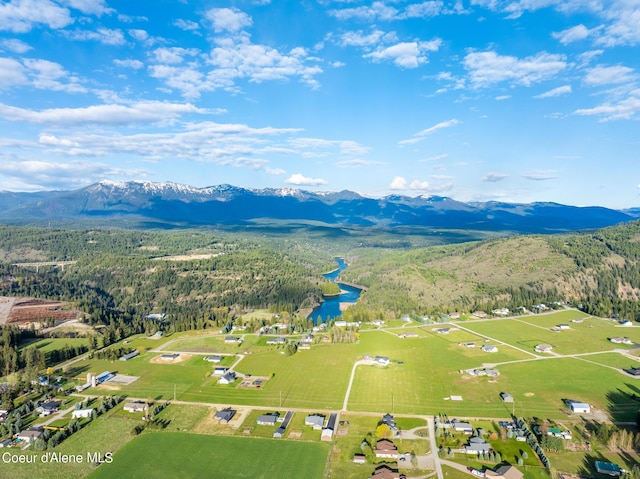 drone / aerial view with a water and mountain view