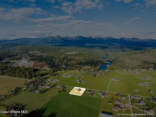 birds eye view of property with a water and mountain view