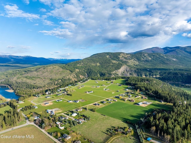 birds eye view of property with a water and mountain view