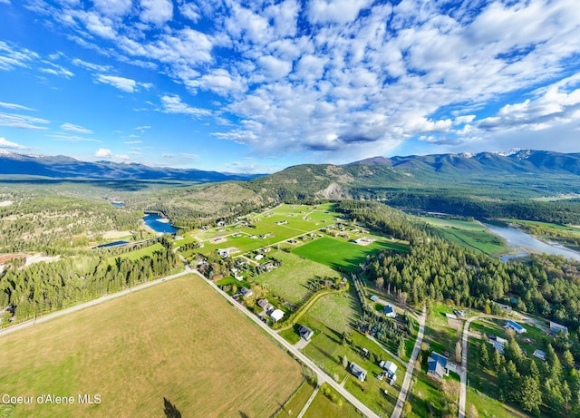 birds eye view of property with a water and mountain view