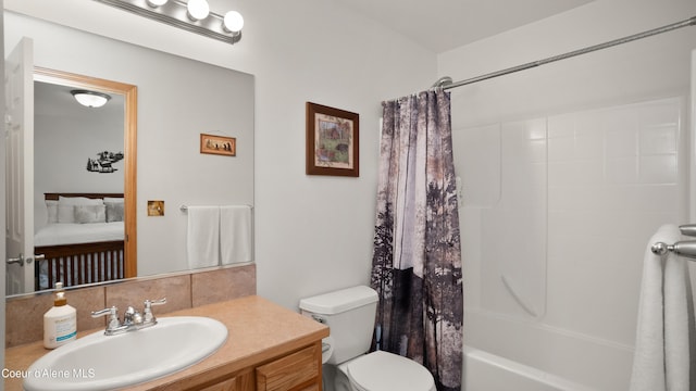 full bathroom with backsplash, vanity, toilet, and shower / bath combo