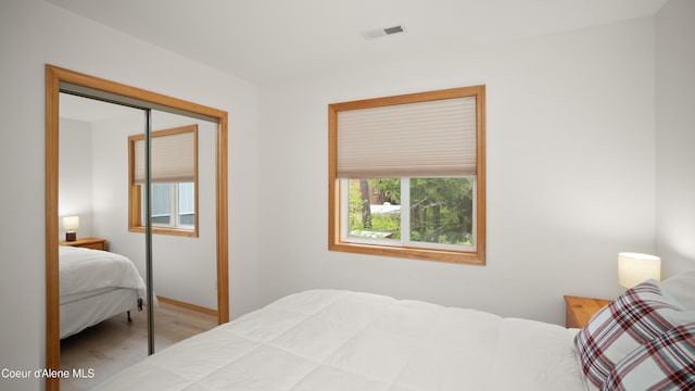 bedroom with wood-type flooring and a closet