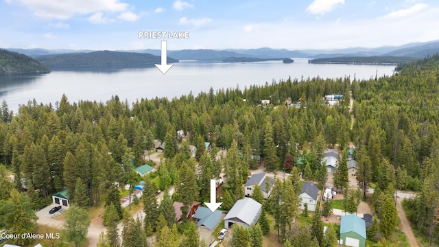 aerial view featuring a water and mountain view