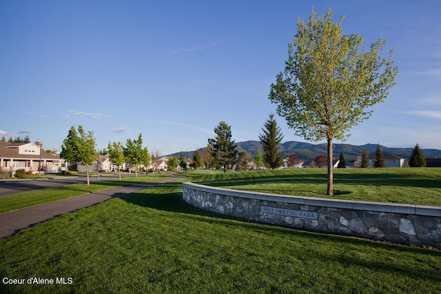 view of community featuring a yard and a mountain view